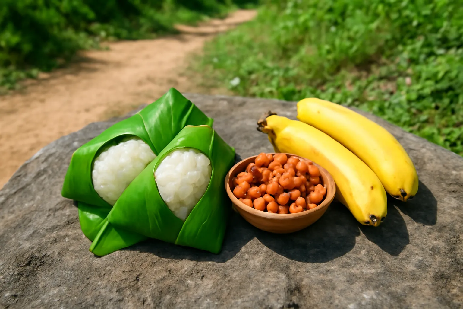 Bữa trưa cơm nắm, lạc rang và chuối bày trên tảng đá ven đường mòn
