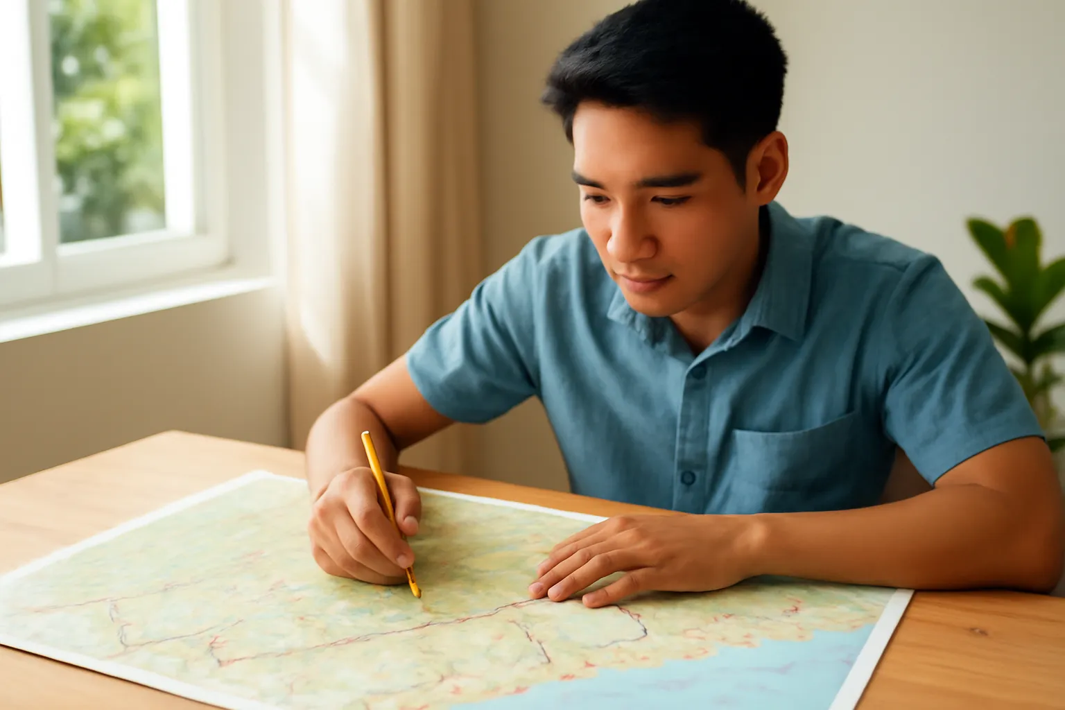 Người đánh dấu bút chì lên bản đồ giấy trải trên bàn gỗ