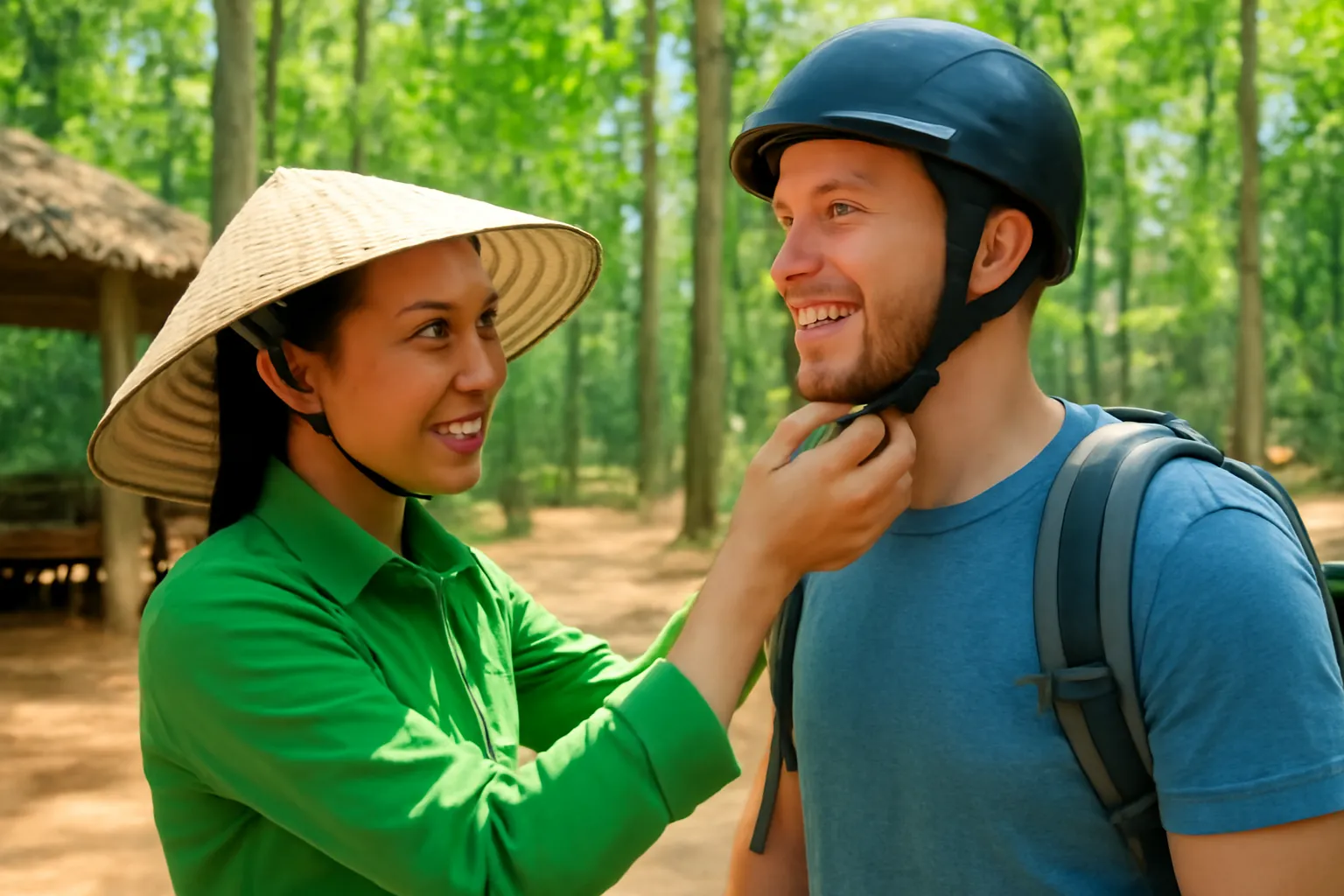 Hướng dẫn viên kiểm tra mũ bảo hộ cho khách trước giờ xuất phát