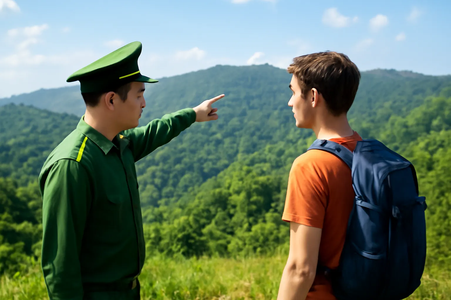 Người kiểm lâm đứng trên đồi trống chỉ tay về phía dãy núi xa