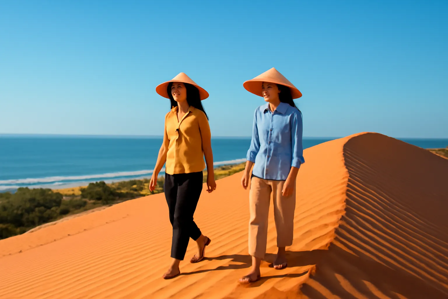Bạn trẻ đi bộ trên sống đồi cát đỏ ven biển miền Trung