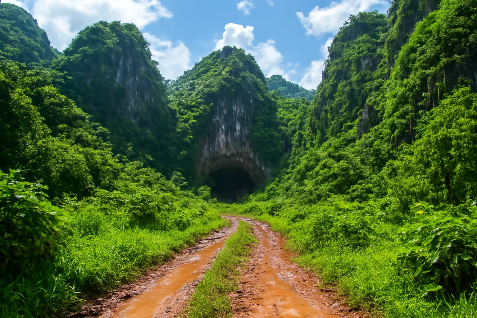 Dãy núi đá vôi phủ rừng xanh sau cơn mưa, con đường dẫn vào hang