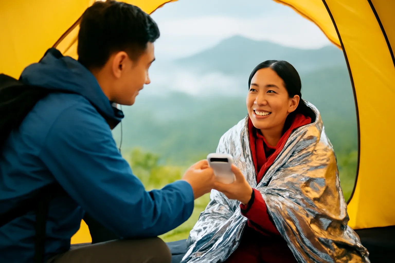 Người leo núi quấn chăn giữ nhiệt màu bạc ngồi trong lều trên núi