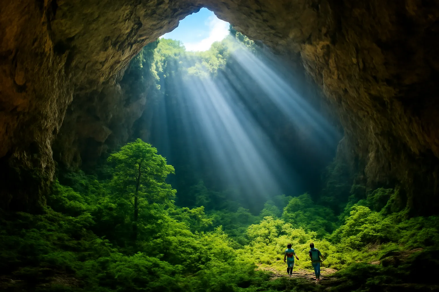 Giếng trời trong lòng hang có nắng rọi xuống khu rừng xanh bên dưới