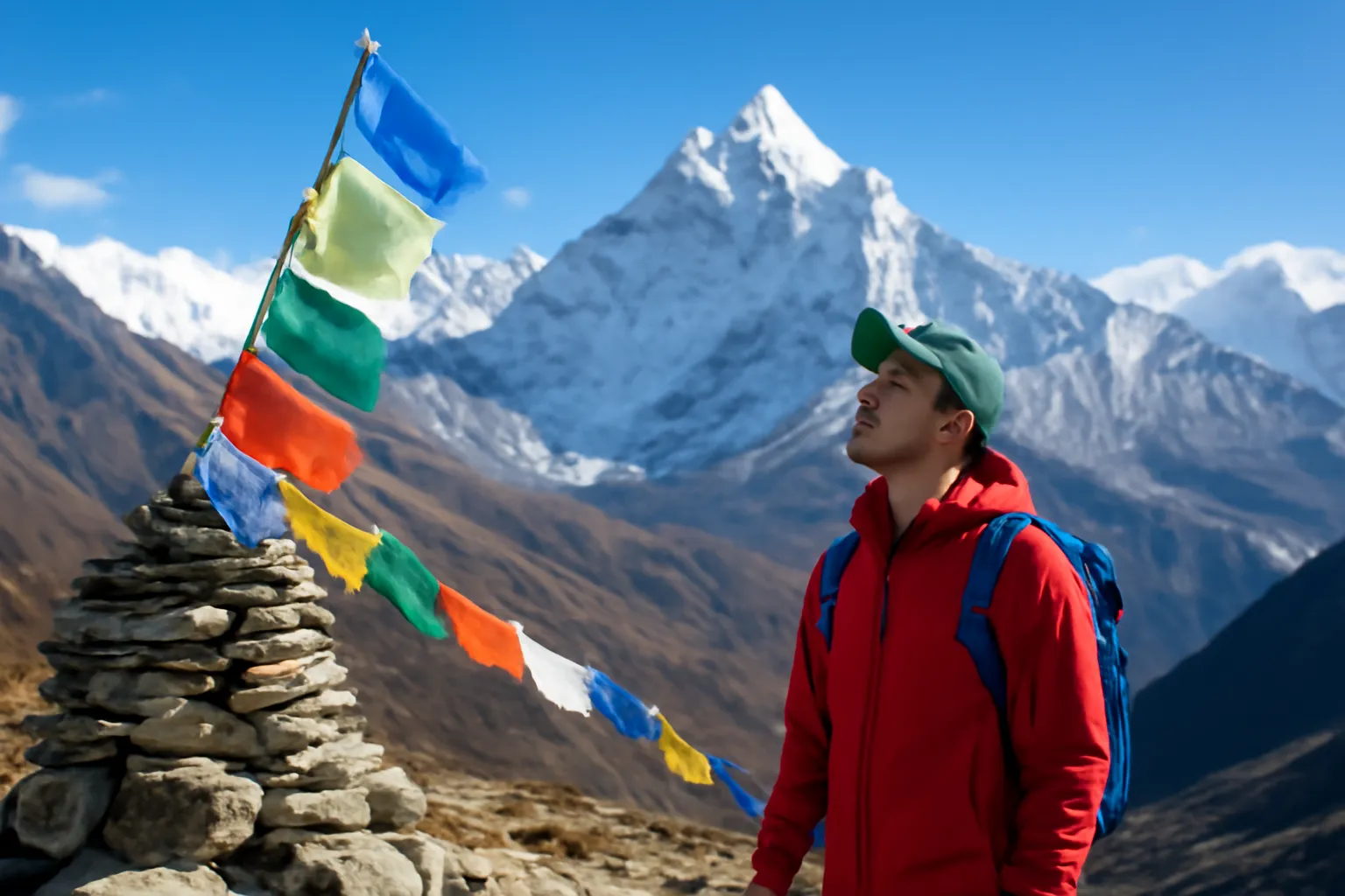 Dãy Himalaya tuyết phủ dưới nắng sáng, cờ cầu nguyện bay trong gió