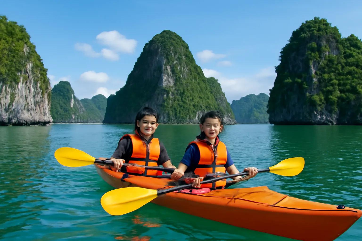 Hai người mặc áo phao chèo kayak đôi giữa vịnh đá vôi xanh ngọc