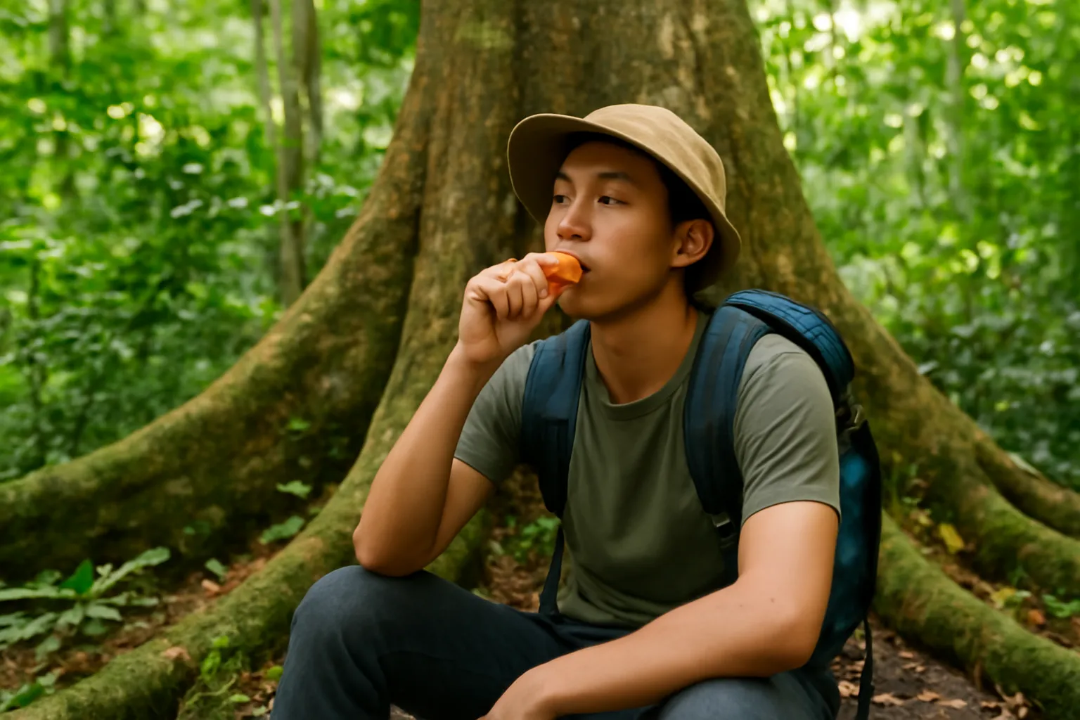 Người đi rừng ngồi dưới gốc cây lớn, đưa còi lên miệng thổi