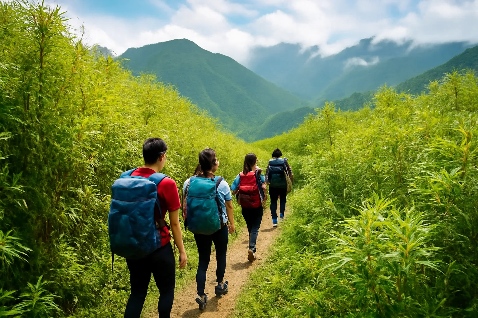 Nhóm người đi bộ trên đường mòn qua rừng trúc lùn dãy Hoàng Liên Sơn