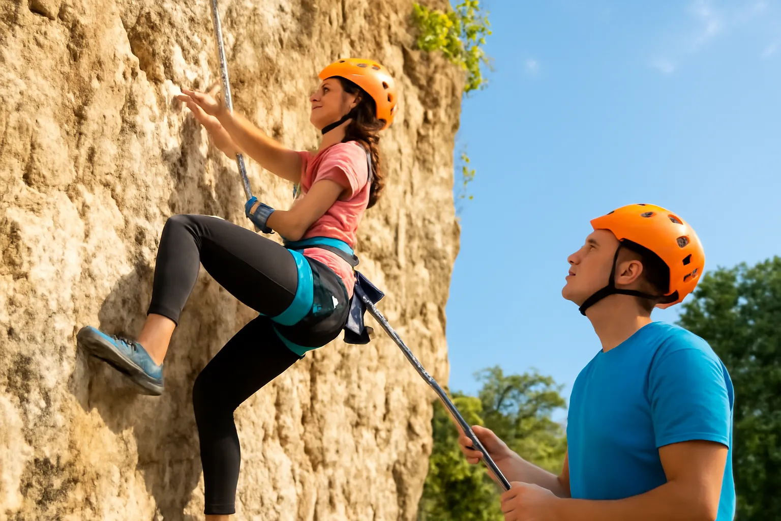 Người mới leo vách đá vôi, huấn luyện viên đứng dưới giữ dây