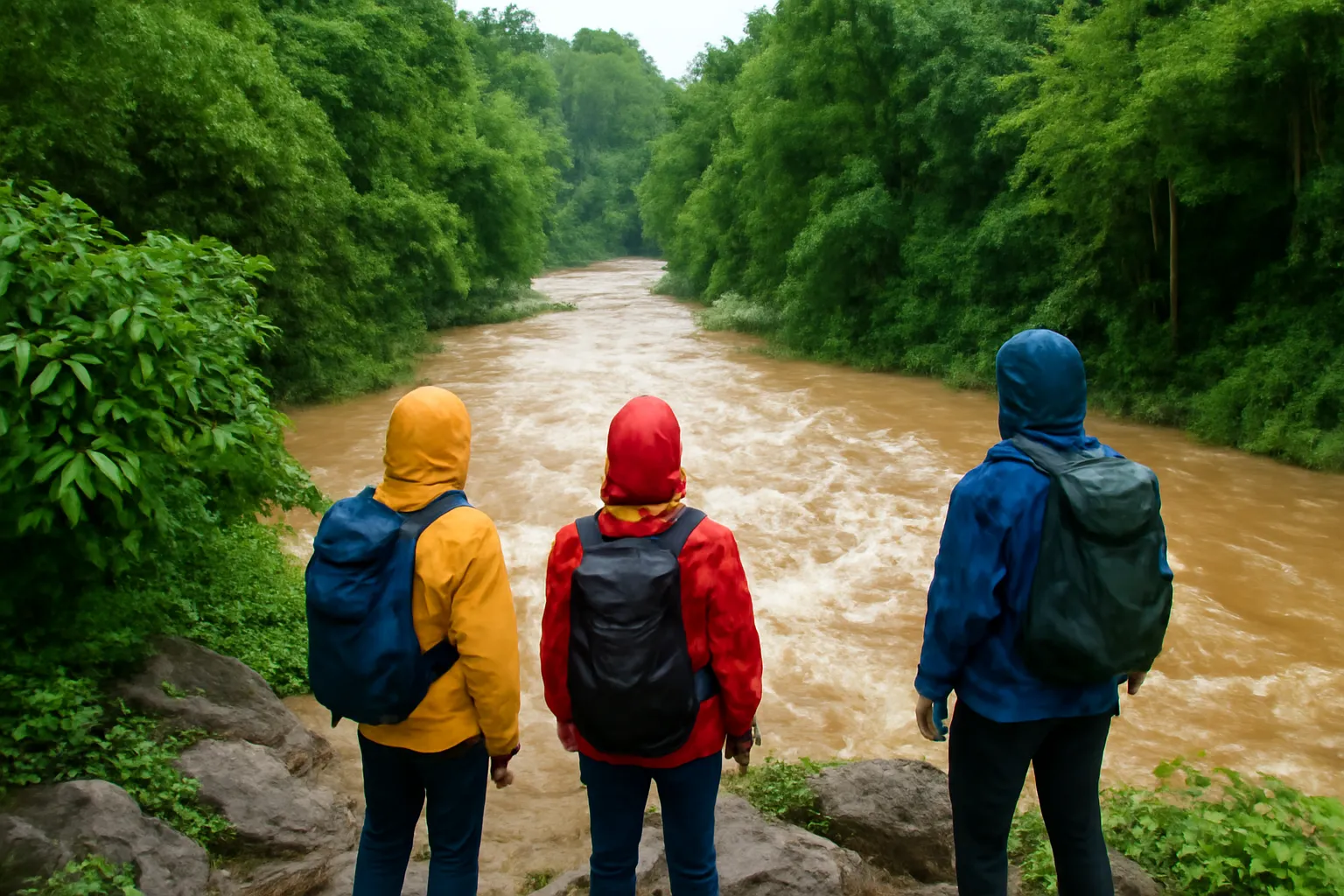 Nhóm người đi rừng đứng trên bờ đá cao nhìn dòng suối đục ngầu