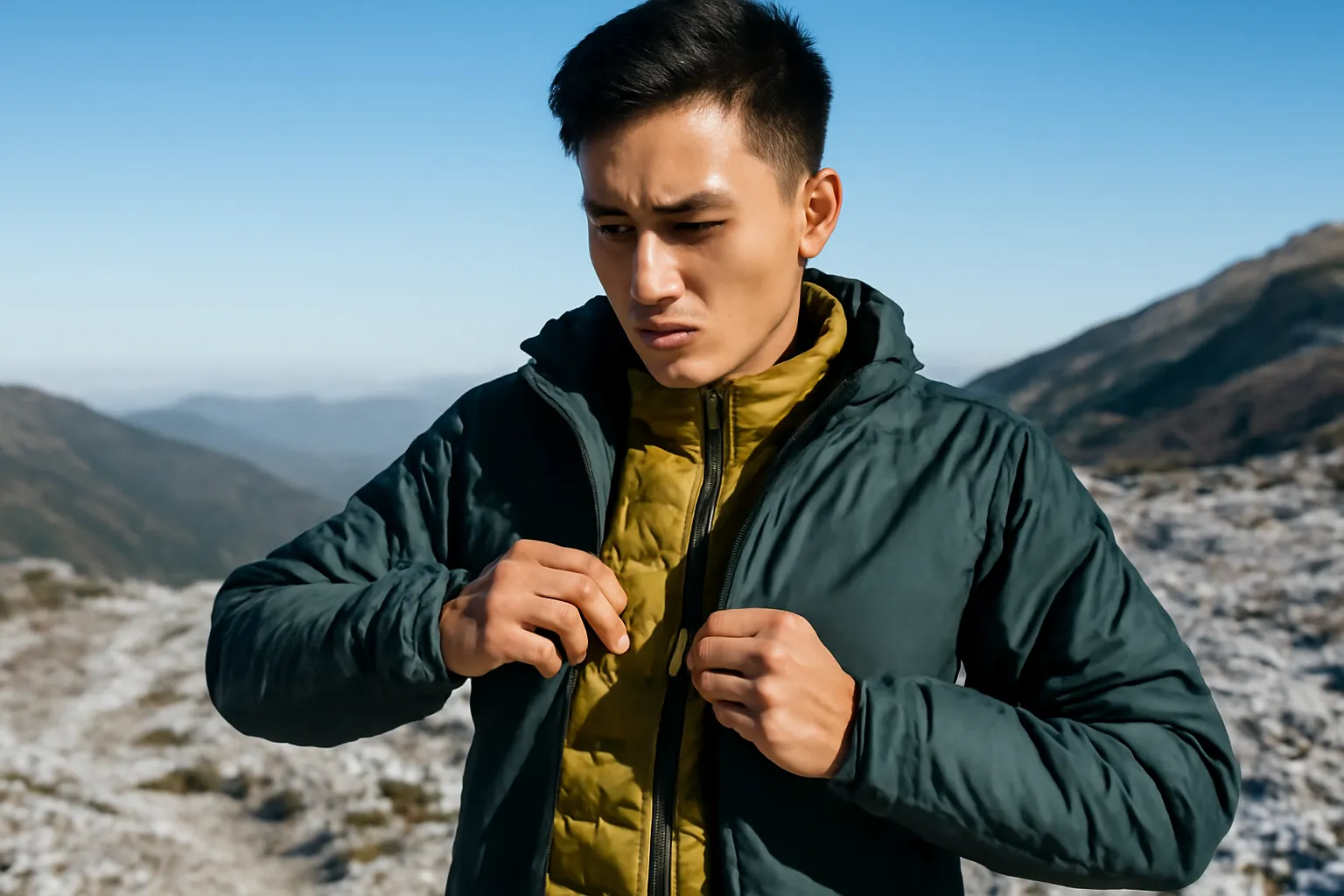 Người mặc áo gió ngoài áo lông vũ đứng trên đỉnh đèo sương giá