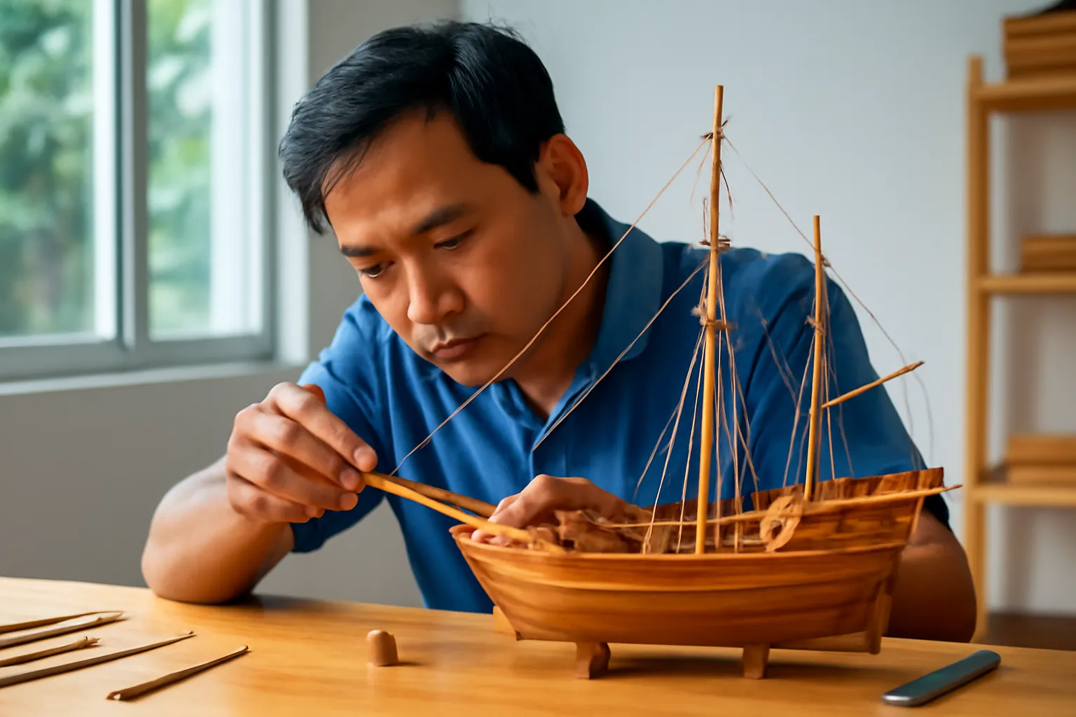 Người thợ mộc lắp cột buồm cho mô hình thuyền buồm gỗ trên bàn