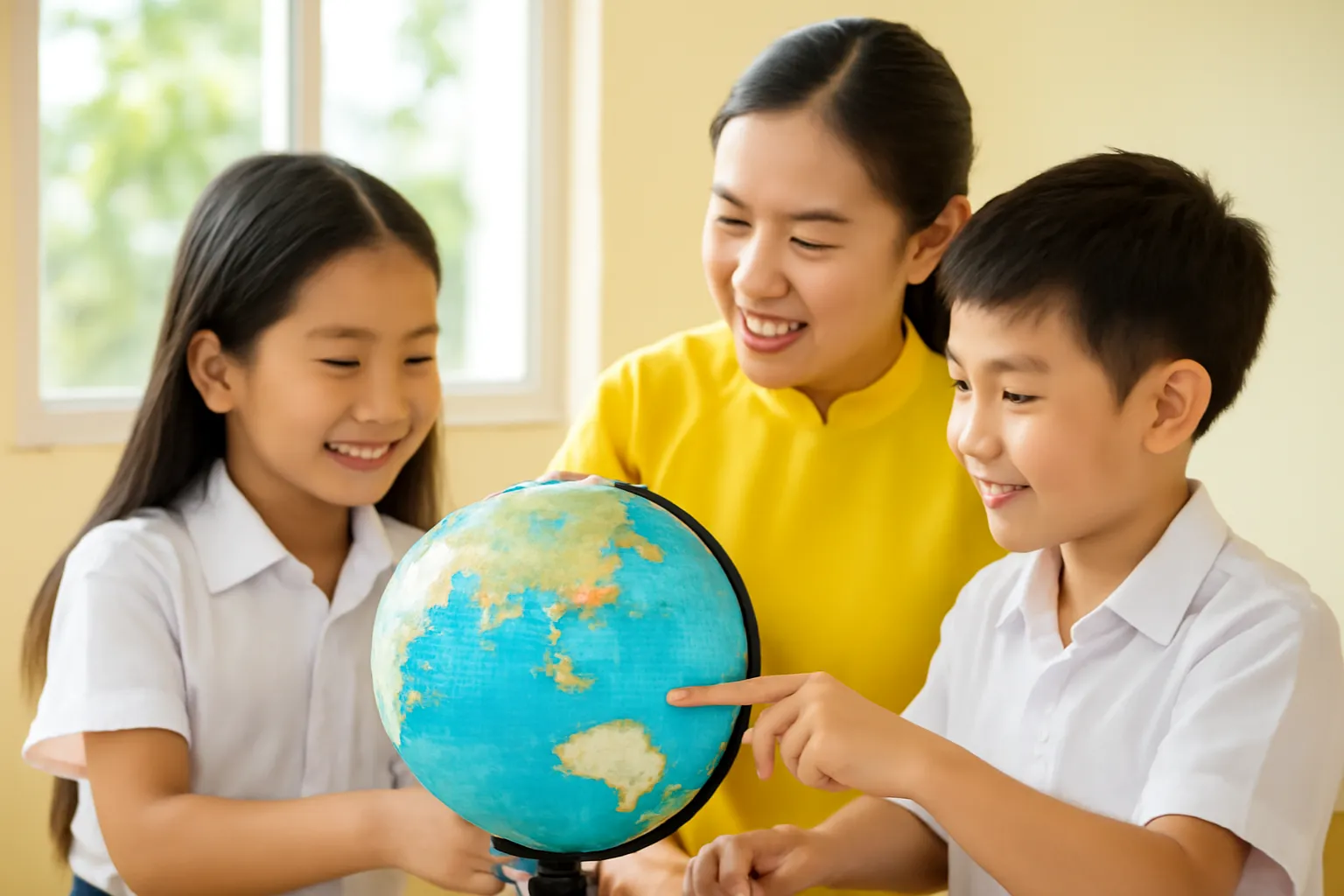 Cô giáo và học trò cùng xoay quả địa cầu bên cửa sổ lớp học