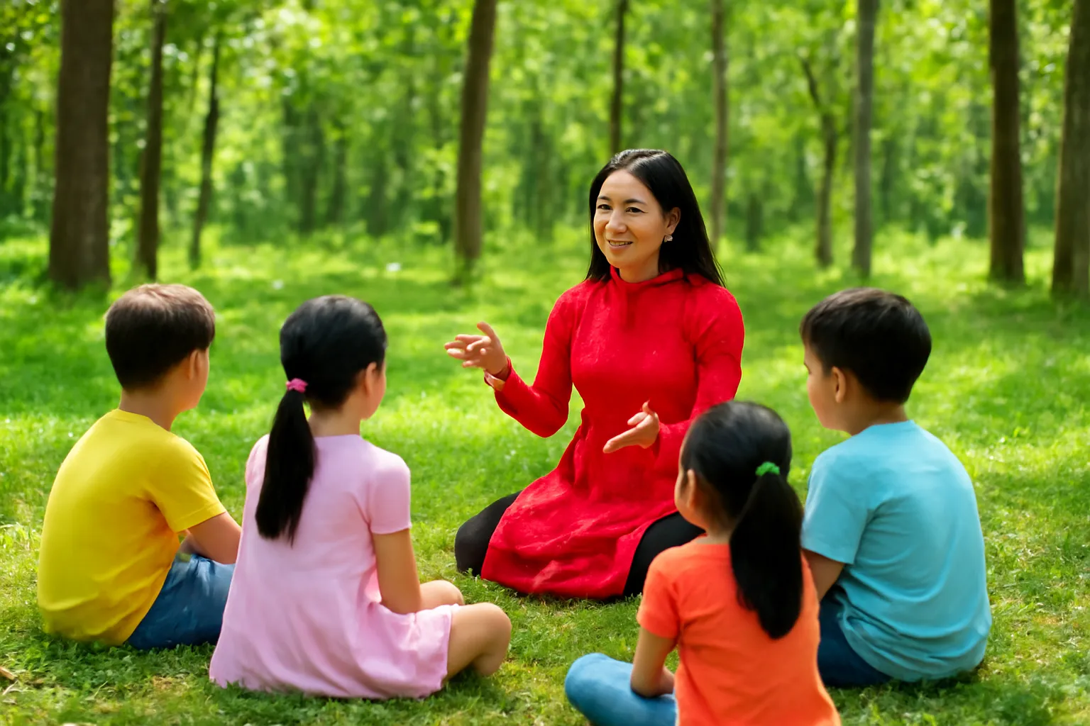 Huấn luyện viên đứng giữa vòng học viên trong lớp kỹ năng ngoài trời