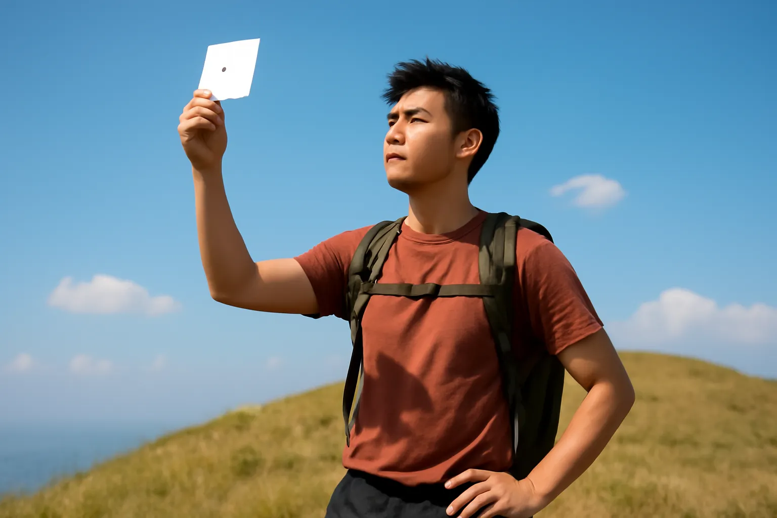 Người đứng trên đỉnh đồi trống giơ gương nhỏ phản chiếu ánh nắng