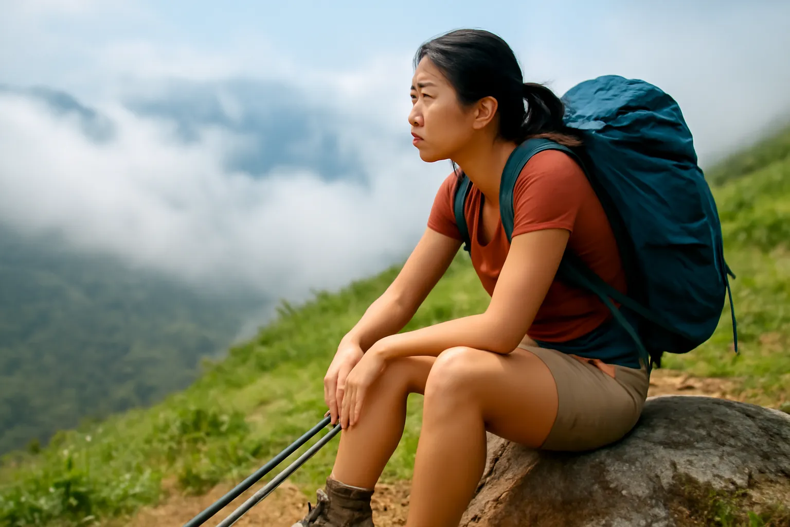 Người leo núi ngồi nghỉ thở dốc trên sườn núi cao phủ mây