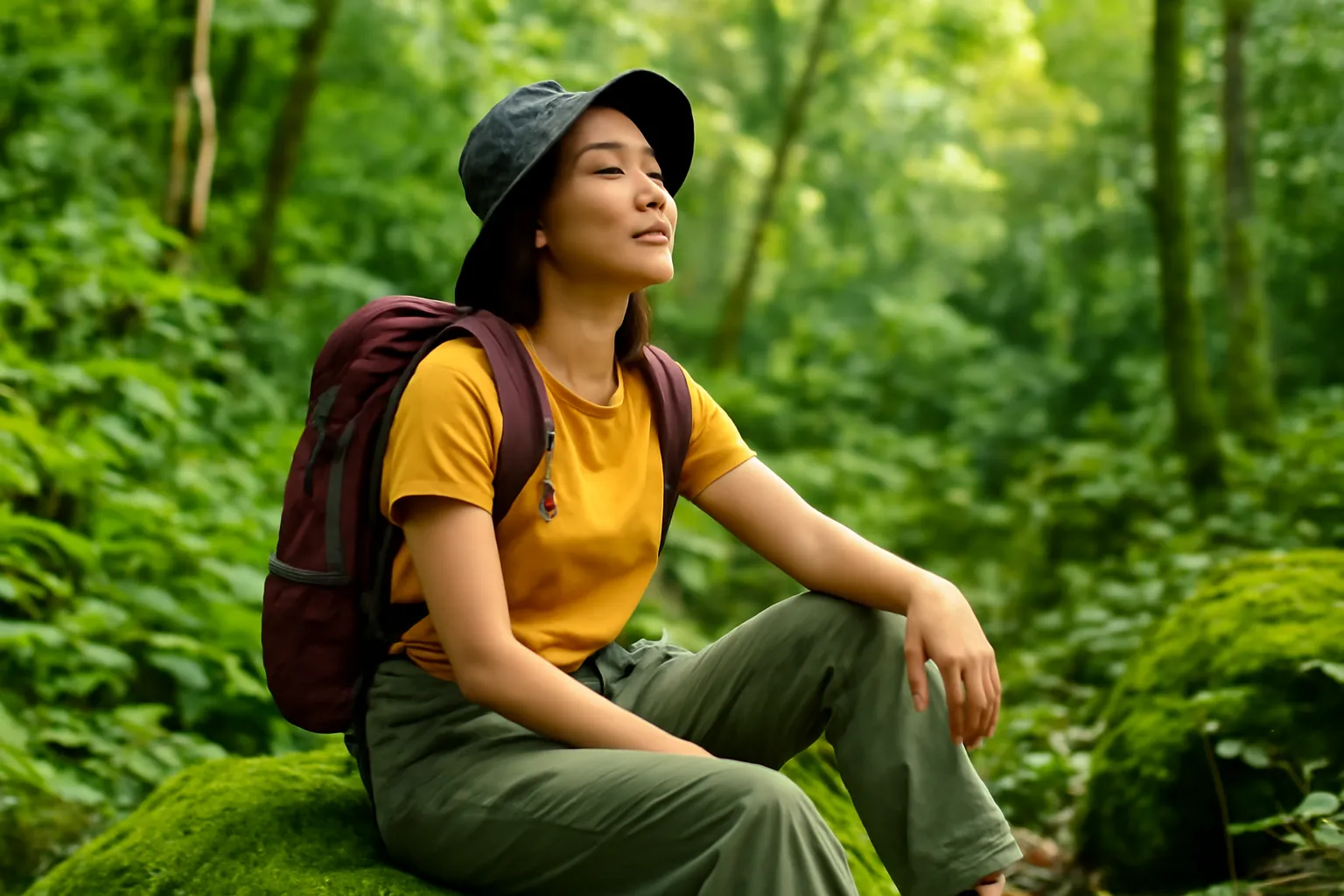 Người ngồi nhắm mắt hít thở chậm trên tảng đá giữa rừng xanh