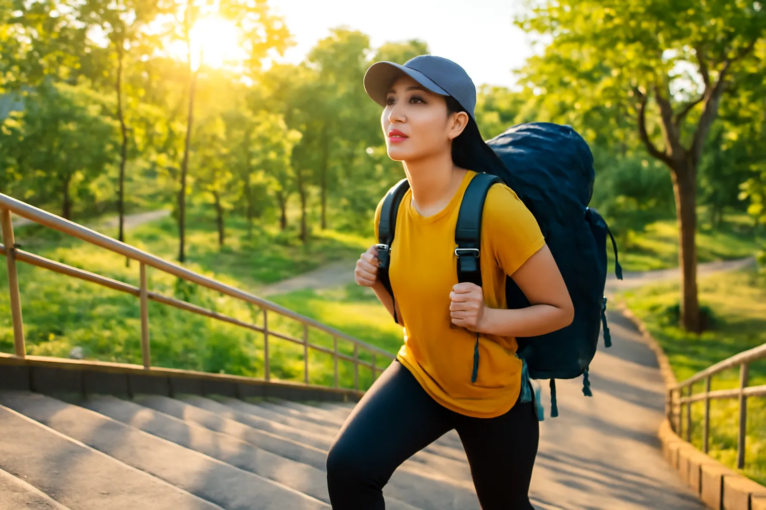 Người đeo ba lô leo cầu thang bộ trong công viên lúc sáng sớm