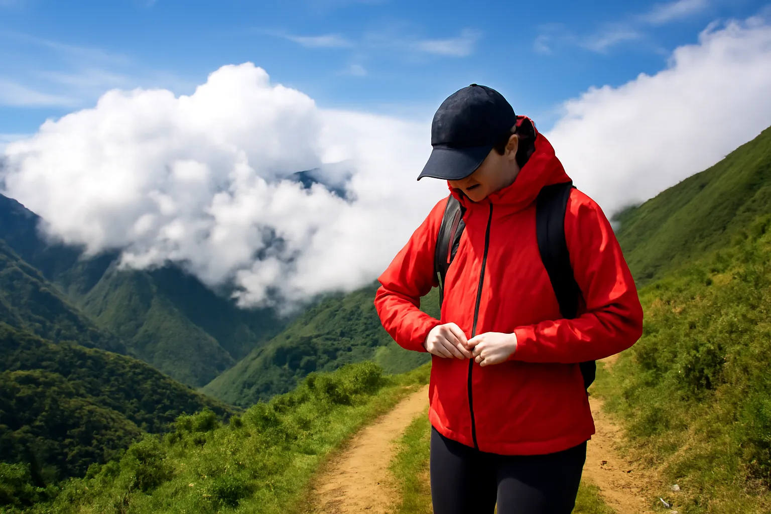 Mây mù tràn qua đèo, người đi bộ kéo khoá áo gió