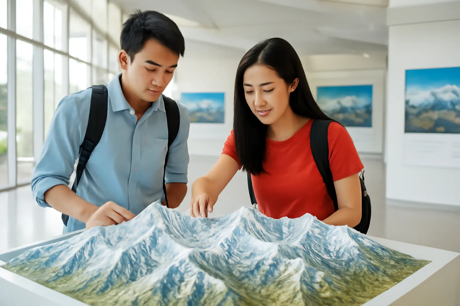 Hai sinh viên ngắm mô hình dãy núi tuyết trong phòng triển lãm sáng